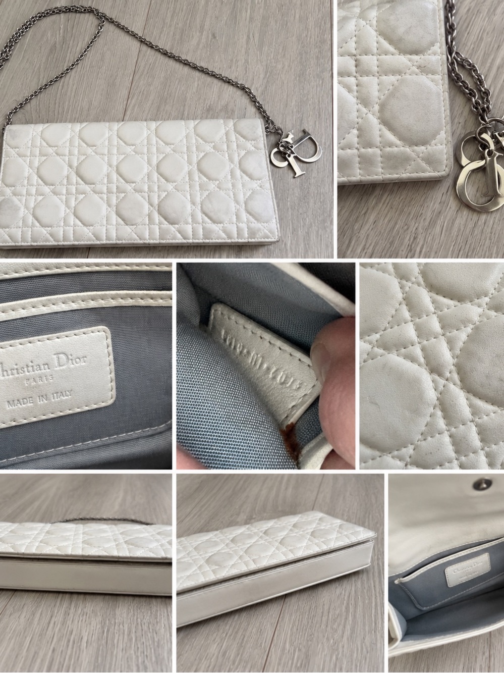 Christian Dior White Cannage Leather Chain Pouch / Wallet on Chain